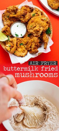 fried buttermilk fried mushrooms with dipping sauce in a white bowl on a red table