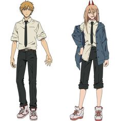 two anime characters are standing side by side, one is wearing a shirt and tie