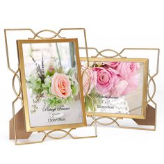 two gold frames with pink roses and greenery