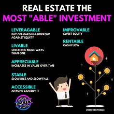 the real estate investment info sheet is shown in purple and black with an image of a man