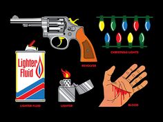 the different types of lighters are depicted in this graphic art work on black paper