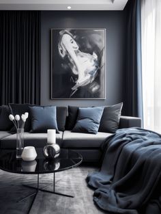 Dark Gray Monochrome Living Room with Blue Accents Blue Grey Living Room, Dark Grey Living Room, Navy Living Rooms, Statement Furniture, Black Living Room, Living Room Sofa Design