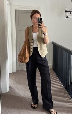 Blue Pants Summer Outfit, Queer Smart Casual, First Job Outfits, Vest Styling, Smart Casual Work Outfit