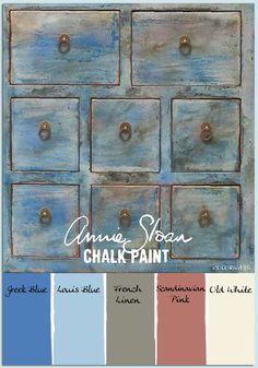 an old dresser painted in blue and gray with the words annie sloan chalk paint on it