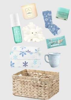 the contents of a basket are shown in this image, including socks, soaps, and other items