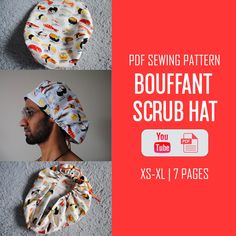 three different images of a man wearing a head scarf and scrub hat with the words sewing pattern on it