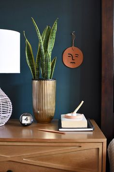 a potted plant sitting on top of a wooden dresser next to a clock and lamp