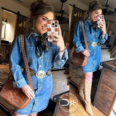 Runs true to size! Jean Dress Long Sleeve, Denim Dress Western, Jean Dress Western Outfit, Western Denim Dress Outfit, Denim Cowboy Outfit, Western Denim Outfit, Western Attire For Women, Denim Dress With Boots, Denim Western Outfit