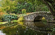 a stone bridge over a pond surrounded by trees