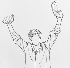 a drawing of a man with his arms in the air holding up a piece of bread