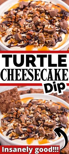 two pictures with the words turtle cheesecake dip in them and an image of chocolate chips on top