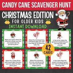 candy cane scavenger hunt for christmas with santa clause and candy canes on it