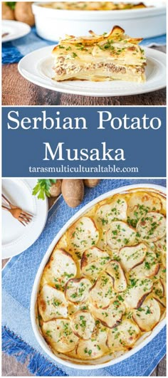 two plates with some food on them and the words serban potato muska