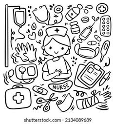 black and white line art drawing of nurse's tools, medical supplies and hygiene items