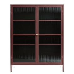 a red bookcase with glass doors on the front and bottom, against a white background