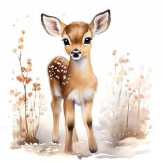 a baby deer standing in the snow next to some flowers