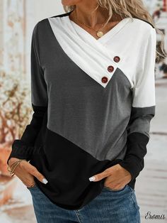 Eromis - Stylish Color Block V-Neck Long Sleeve T-Shirt for Women - Comfortable Casual Loose Fit with Button Detailing - Fashionable Womens Clothing White V-neck T-shirt With Button Closure, Gray V-neck Tops With Button Closure, Gray V-neck Top With Buttons, White V-neck Top With Buttons, T Shirt For Women, Neck Designs, Long Sleeve T Shirt, Color Block, Collar Styles