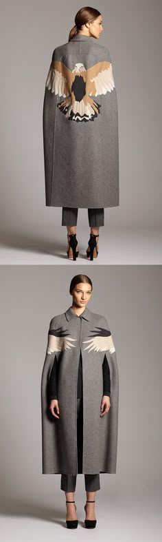 Fly Like An Eagle: Valentino’s Eagle Cape is our favorite take on luxury Americana! Love this Valentino Cape, Wing Cape, Grey Eagle, True Autumn, Bamboo Clothing, Canadian Art, Grey Coat, Style Outfits