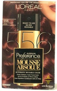 L'Oreal Paris Superior Preference Mousse Absolue 556 Medium Mahogany Brown Free Shipping Light Auburn Brown, Light Auburn, Dark Auburn, At Home Hair Color, Hair Color Shades, Dark Blonde Hair, Light Hair Color, Hair Mousse, Grey Hair Color