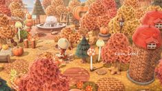 a painting of an autumn scene with pumpkins, trees and other things in the background