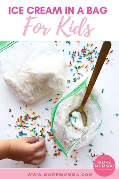 ice cream in a bag for kids with sprinkles on it and a spoon