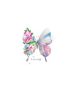 a watercolor painting of a butterfly and flowers