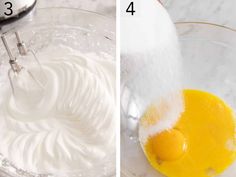 two pictures showing how to make whipped cream in a blender and then mixing it with an electric whisk