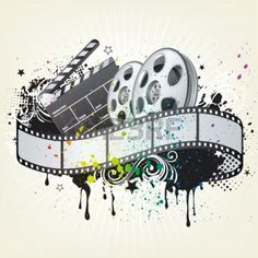 a film reel and some paint splatters on a white background with black spots