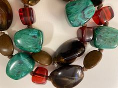 Lucite Necklace Chunky Root Beer Taupe & Faux Malachite 1980's Strand Chunky