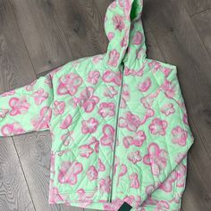 Wild Fable Juniors Hooded Warm Thick Jacket Green With Pink Flowers Nwt Medium Large Xl Pink Outdoor Fleece Jacket With Pockets, Pink Sports Hooded Jacket With Double-lined Hood, Pink Cotton Hooded Jacket With Double-lined Hood, Thick Jacket, Multicolor Outdoor Outerwear With Double-lined Hood, Acid Wash Denim Jacket, Light Wash Denim Jacket, Teddy Hoodie, Grey Cropped Hoodie