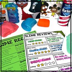 an assortment of slime products on a table with text overlay that reads slime review