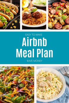 the cover of an easy to make air bnd meal plan with pictures of different foods