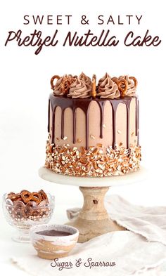 a cake with chocolate frosting and pretzel nutella toppings on top