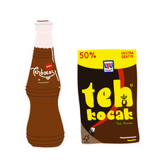 a bottle of chocolate milk next to a bag of teh kocak on a white background