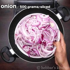 onions being cooked in a frying pan with the words onion - 500 grams sliced