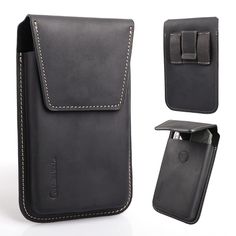 a black leather case for a cell phone with two clippings on the side