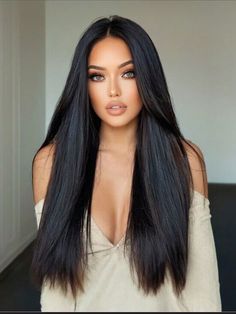 Black  Collar  High Temperature Fiber  No Bangs Wig Embellished   Wigs & Accs Long Dark Hair Green Eyes, No Bangs, Long Straight Wig, Gents Hair Style, Chignon Hair, Bangs Wig, Back To School Hairstyles, Curly Girl Hairstyles, Trending Haircuts