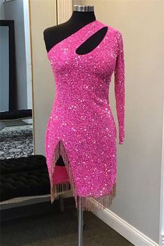 One Shoulder Hot Pink Tassels Sequin Bodycon Short Dress Tight Hoco Dress, Winter Formal Dresses Short, Hot Pink Homecoming, Hot Pink Homecoming Dress, One Shoulder Homecoming Dress, Homecoming Dresses Bodycon, Detachable Wedding Dress, Tight Homecoming Dress, Floral Homecoming Dresses