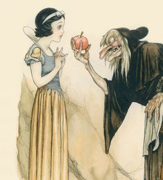 a woman holding an apple next to a wizard