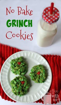 no bake grin cookies on a plate next to a glass of milk and red napkin