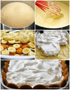 four pictures showing different types of pies and other desserts with whipped cream on top