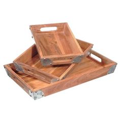 three wooden trays stacked on top of each other with metal straps around the sides