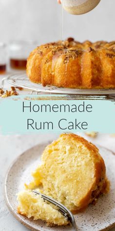 the bundt cake is being drizzled with icing from a plate