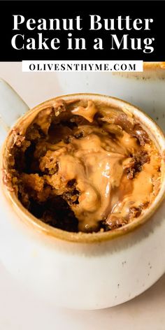 a close up of a bowl of food on a plate with the words peanut butter cake in a mug