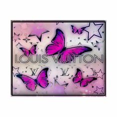 the louis vuitton logo with pink butterflies and stars on purple background is featured in this image