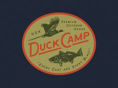 the duck camp logo is yellow and red with two fish on it's back