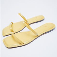 Genuine Zara New With Tag Material: Leather Upper Color: Yellow Simple And Elegant.. Love Pastel Yellow Color. Match Most Outfits. Euro Size 37(6.5), 38(8.5) Pastel Yellow Shoes, Zara Leather Sandals With Square Toe, Yellow Open Toe Sandals By Zara, Zara Square Toe Sandals For Summer, Flat Sandals Outfit, Slide Sandals Outfit, Flat Platform Sandals, Brown Leather Flats, Zara Sandals