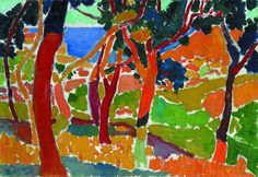 an abstract painting of trees in the woods