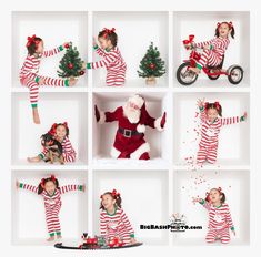 a collage of photos with santa claus and other children in pajamas, riding a motorcycle