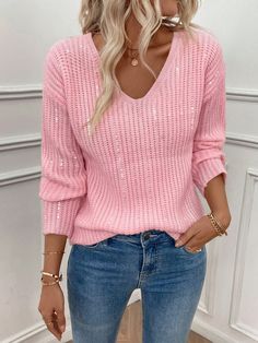 Women's Solid Color Simple Casual Pullover Sweater Pink Casual  Long Sleeve Knitwear Plain Pullovers Medium Stretch  Women Clothing, size features are:Bust: ,Length: ,Sleeve Length: Casual Pullover Sweater, Rose Bonbon, Printed Drawstring, Mini Shorts, Lace Ruffle, Inspiration Mode, Casual Pullover, Pink Sweater, Knitwear Women